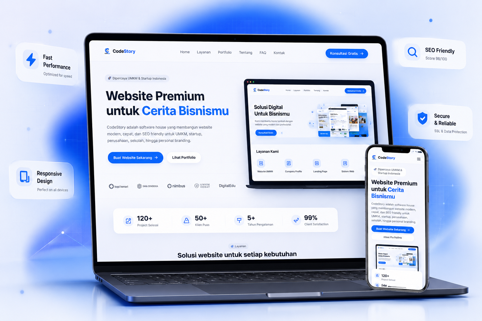 Preview website premium CodeStory di laptop dan smartphone